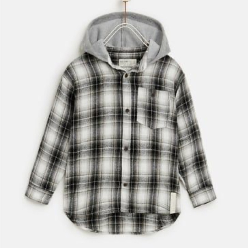 Zara Kids Plaid Hooded Shirt - Black & Gray Size 10
